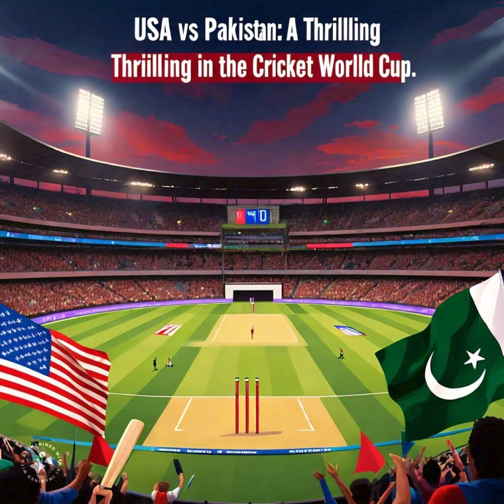 An illustration of a cricket stadium with a tied scoreboard, USA and Pakistan flags, cricket bat, ball, and stumps, and a bold text overlay highlighting the thrilling upset.