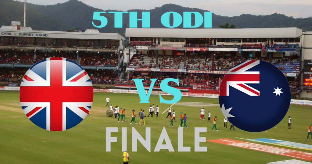 "England and Australia cricket teams facing off in the 5th ODI, with players in action on the field"