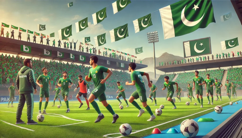 Young Pakistani footballers in green jerseys training on a field during the U17 camp, with coaches guiding them, representing preparation for the SAFF U17 Men's Championship in Bhutan. A Pakistani flag waves in the background, symbolizing national pride.