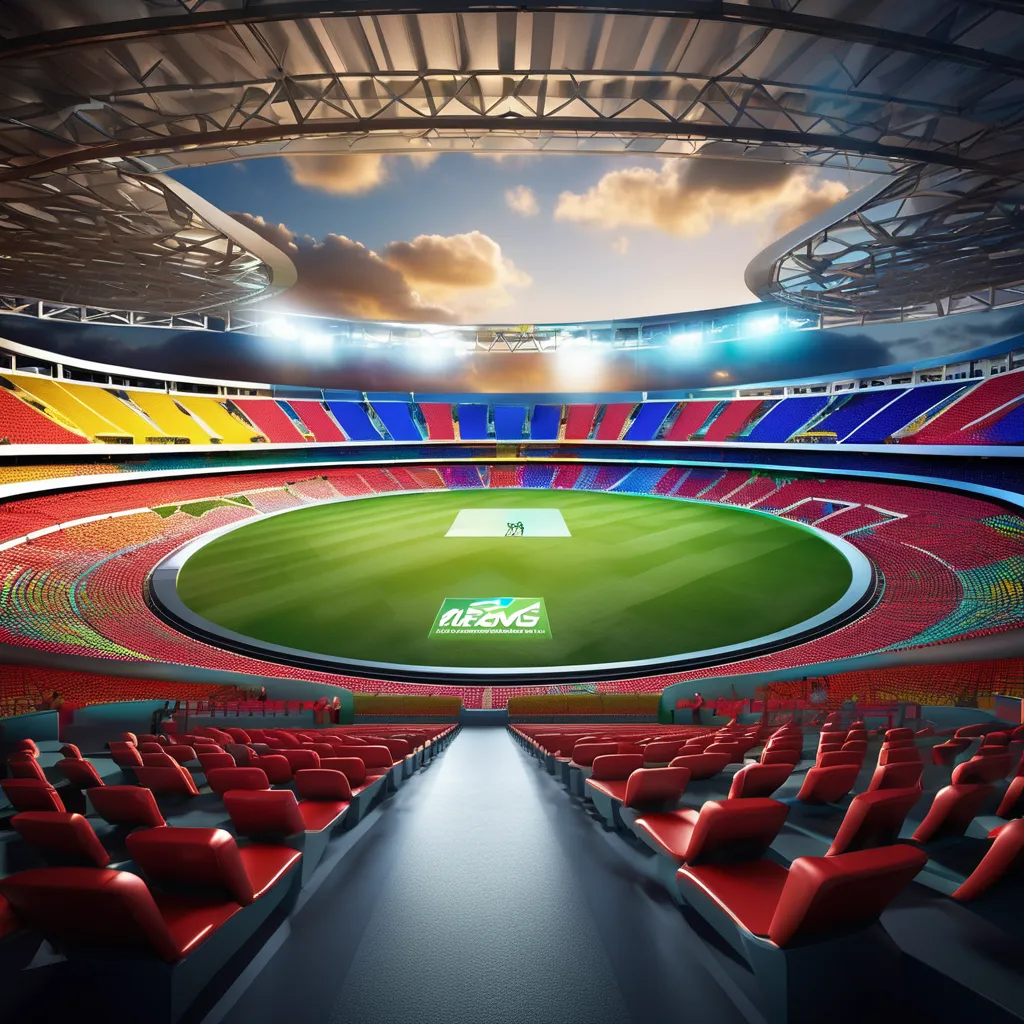 A 3D rendering of a cricket stadium featuring vibrant red seats, showcasing a modern sports venue design.