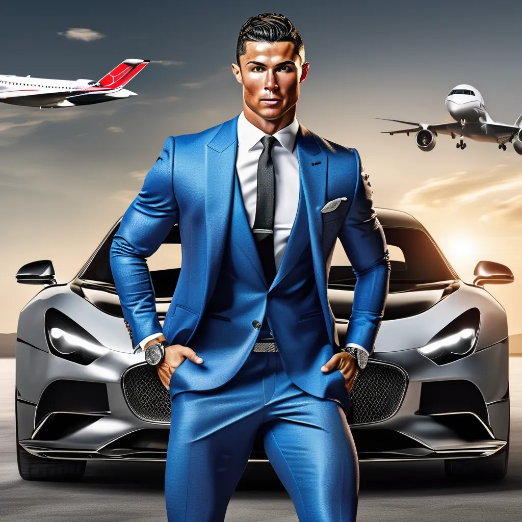 Cristiano Ronaldo in a sleek blue suit standing confidently in front of a luxury sports car with private jets flying in the background, symbolizing his success and wealth.