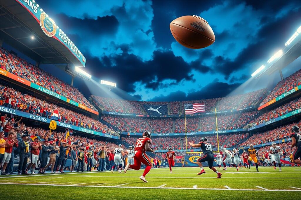  American football scene, featuring a vibrant stadium filled with cheering fans, players in colorful uniforms mid-action on the field, an iconic football soaring through the air, bright stadium lights illuminating the night sky, and a vivid backdrop of team banners and logos.