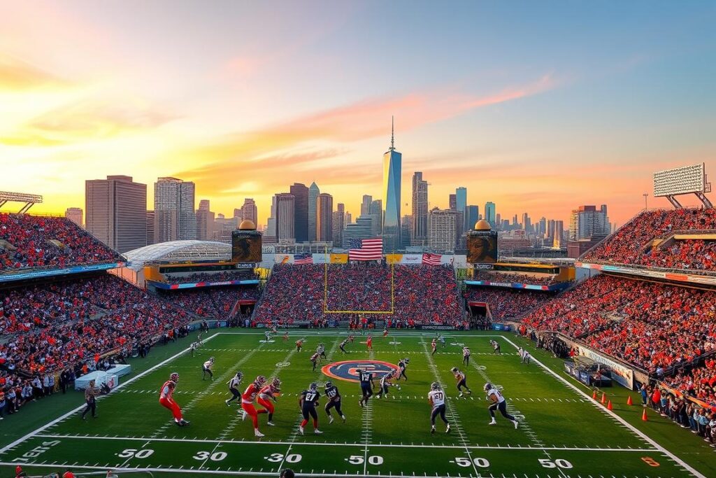 American Football game in progress, with players on the grassy field, surrounded by a sea of cheering fans in a packed stadium, set against the backdrop of city skyscrapers.