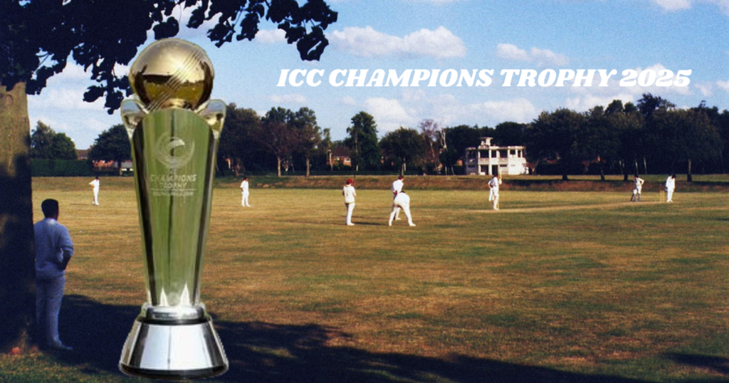 Players practicing cricket with the ICC Champions Trophy placed nearby.