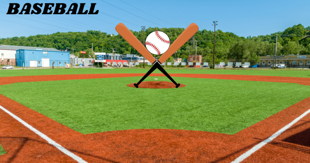 Baseball; Two baseball bats form a cross on a baseball ground, with a baseball placed at the intersection point.