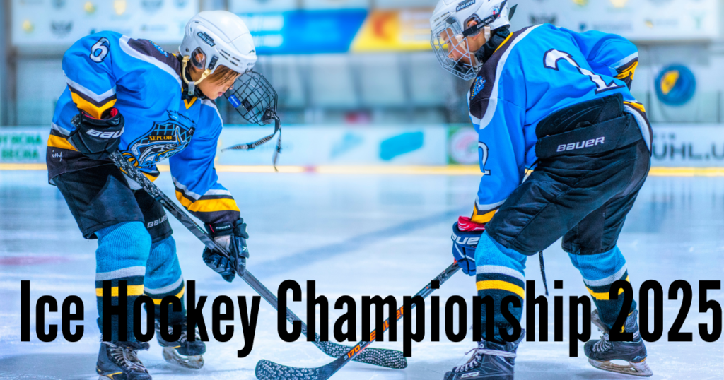 Photograph of hockey game with players moving on ice