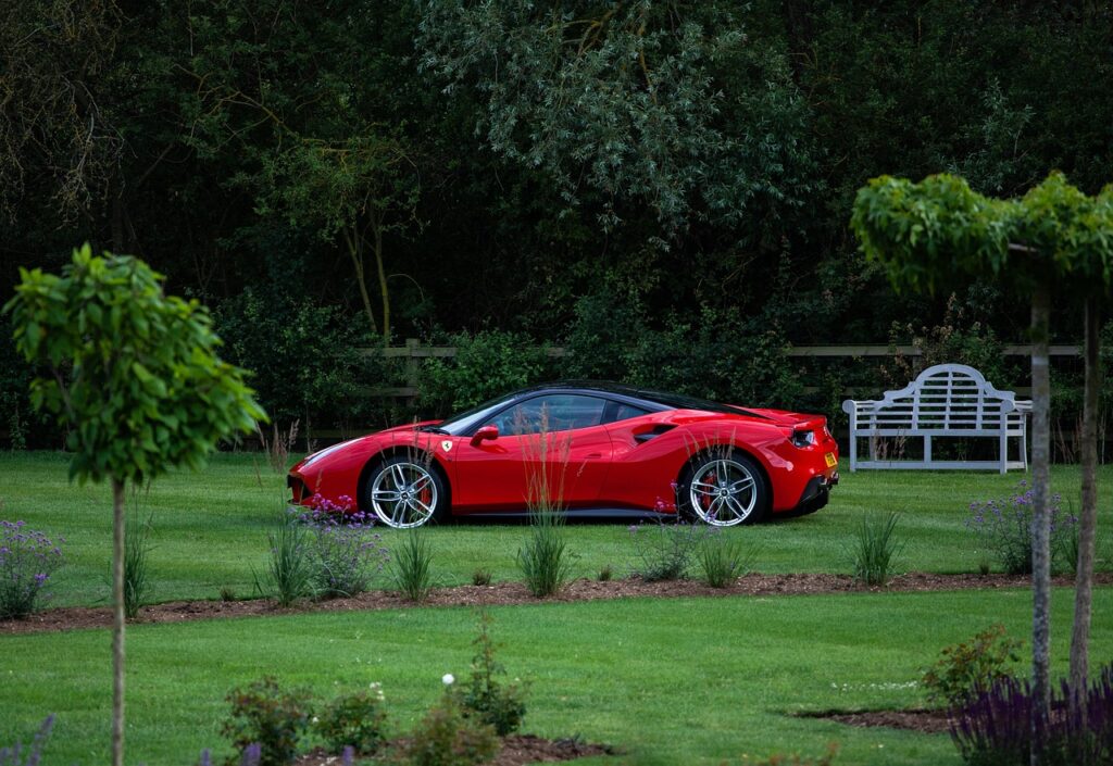 Ferrari 488: A Sleek Masterpiece Amidst Serene Garden Surroundings