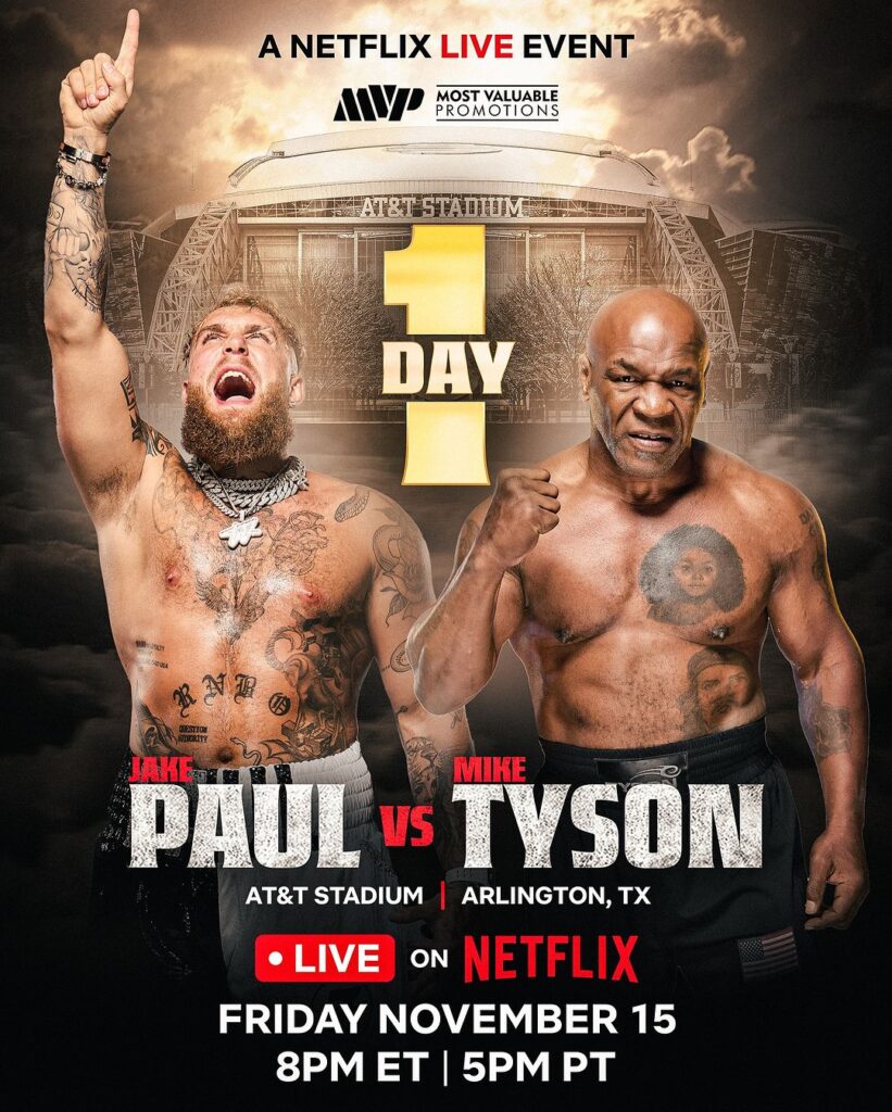 Tyson vs. Paul promotional image featuring Mike Tyson and Jake Paul, highlighting their latest live boxing event streaming on Netflix.