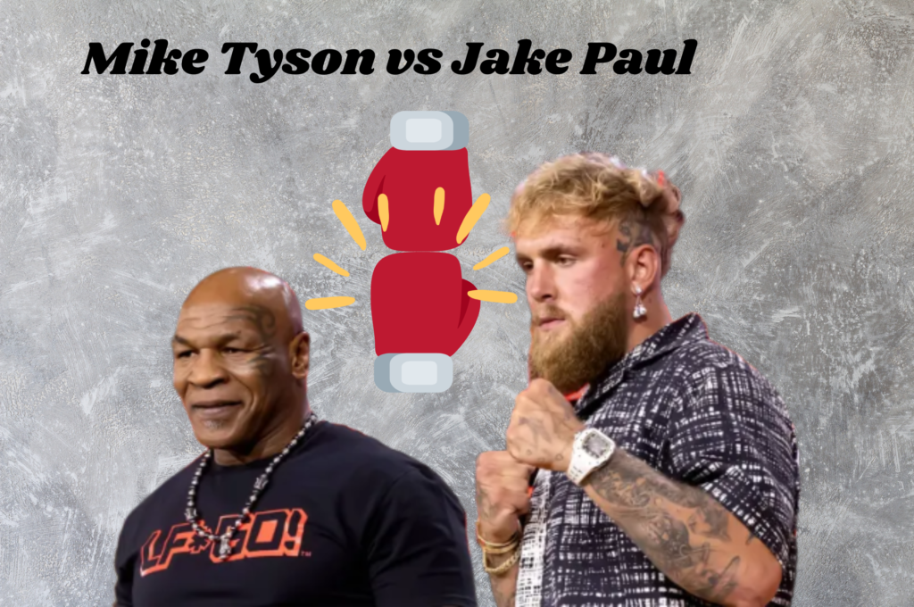 Tyson vs Paul boxing match: Tyson and Paul collide their gloves in an intense face-off during the fight.