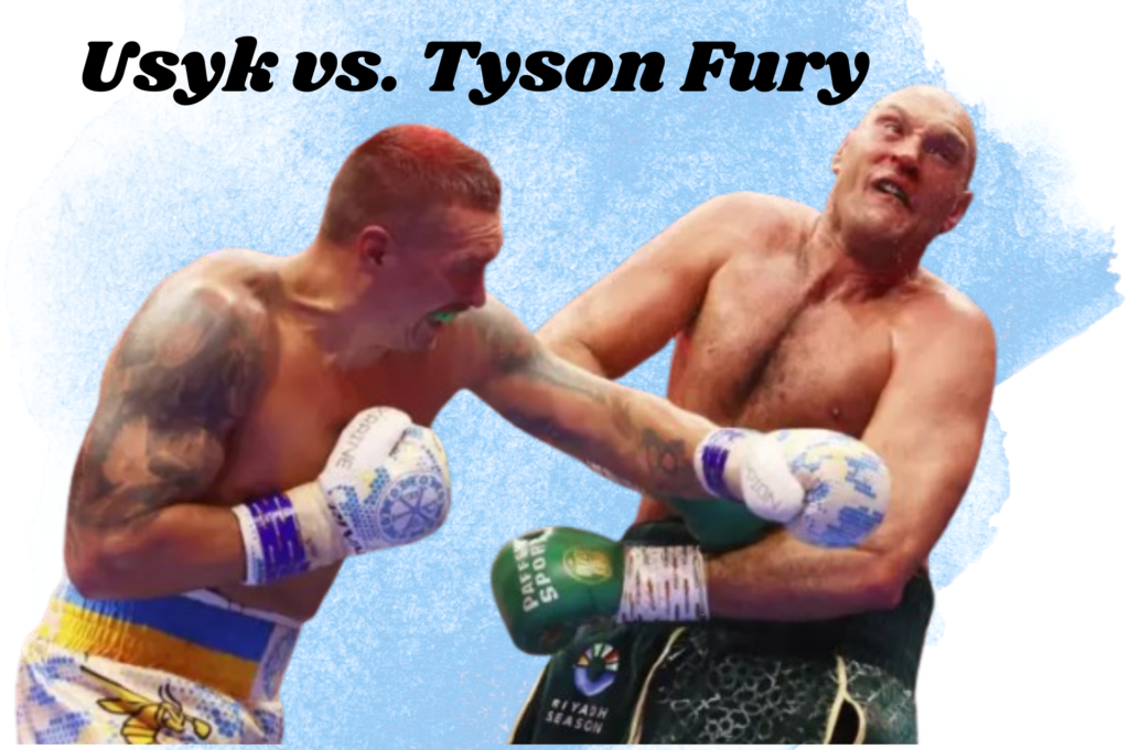 Usyk vs. Tyson Fury: The two boxers stand ready for their highly anticipated rematch, set against a calming blue water background, highlighting their focus and determination.