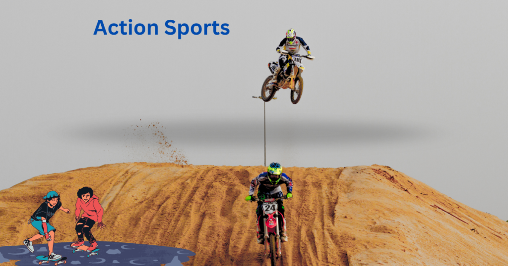 Action sports featuring two mountain bikers riding on a rugged trail and two children skateboarding on a smooth park surface, showcasing teamwork and thrill.